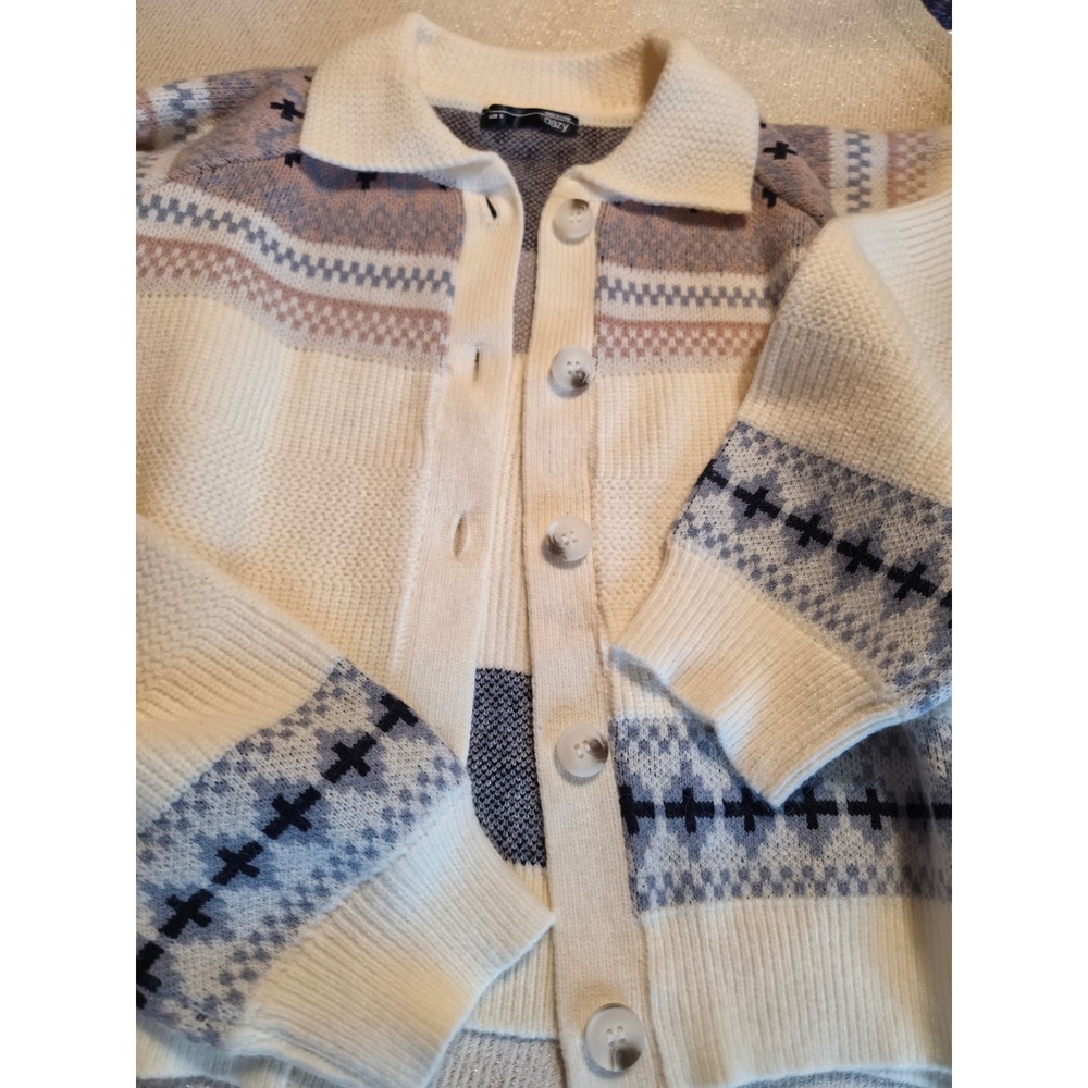 Dazy Fair Isle Geometric Button Up Collared Cardigan Sweater Cream Blue Small